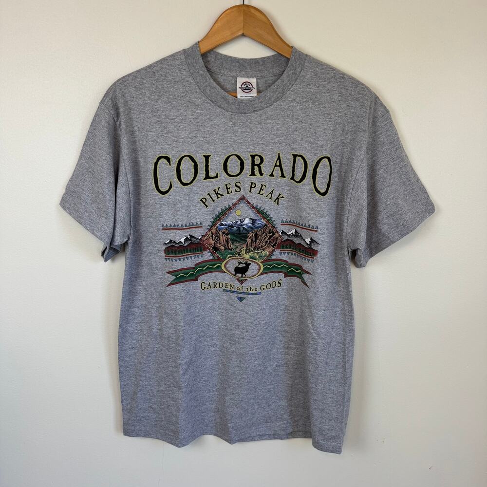 Vintage 90s L Colorado Pike's Peak Graphic T Shirt Men's Grey Tourist Gorp